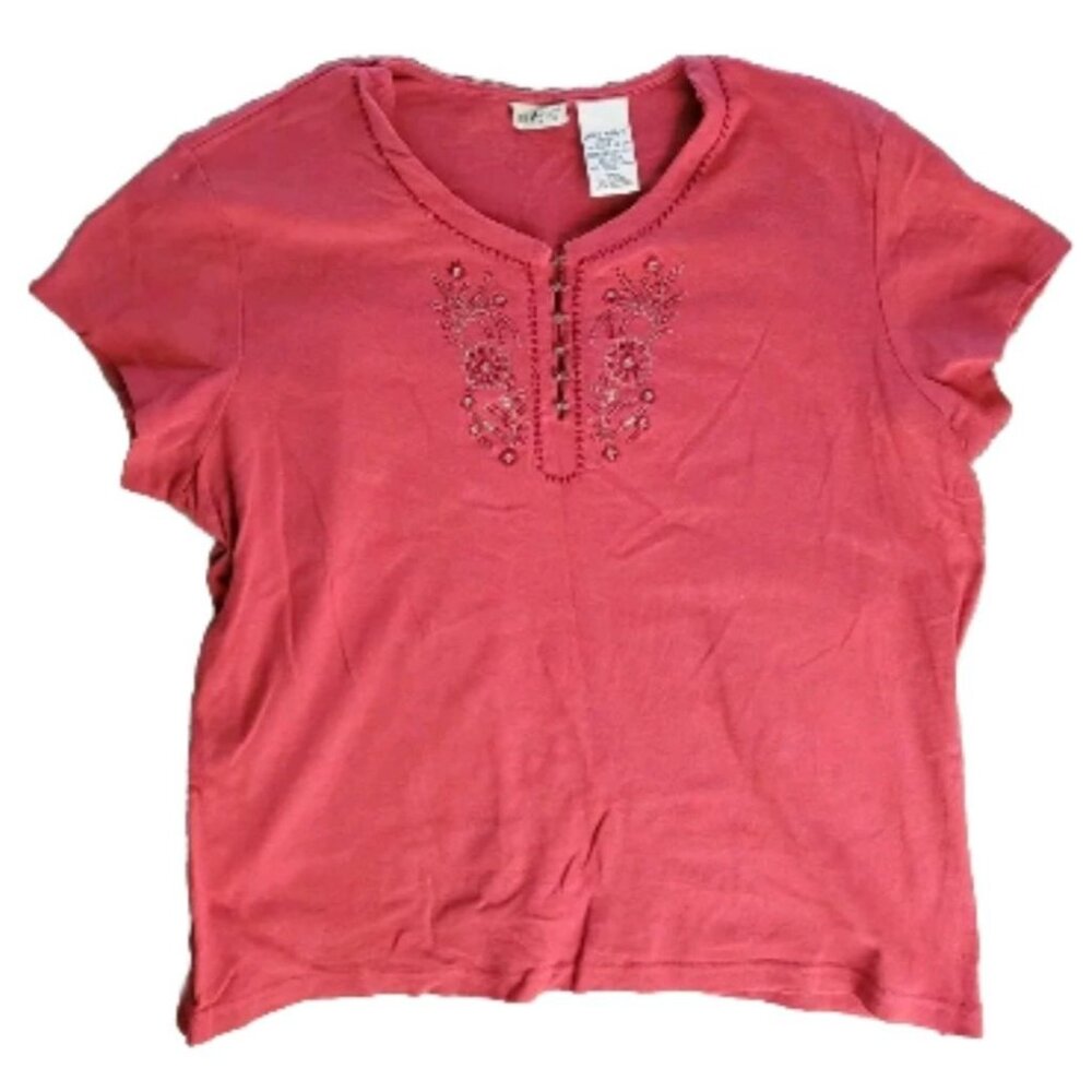 White Stag Claret Short Sleeve Top 100% Cotton Embroidered Women XL Shrunk Distr